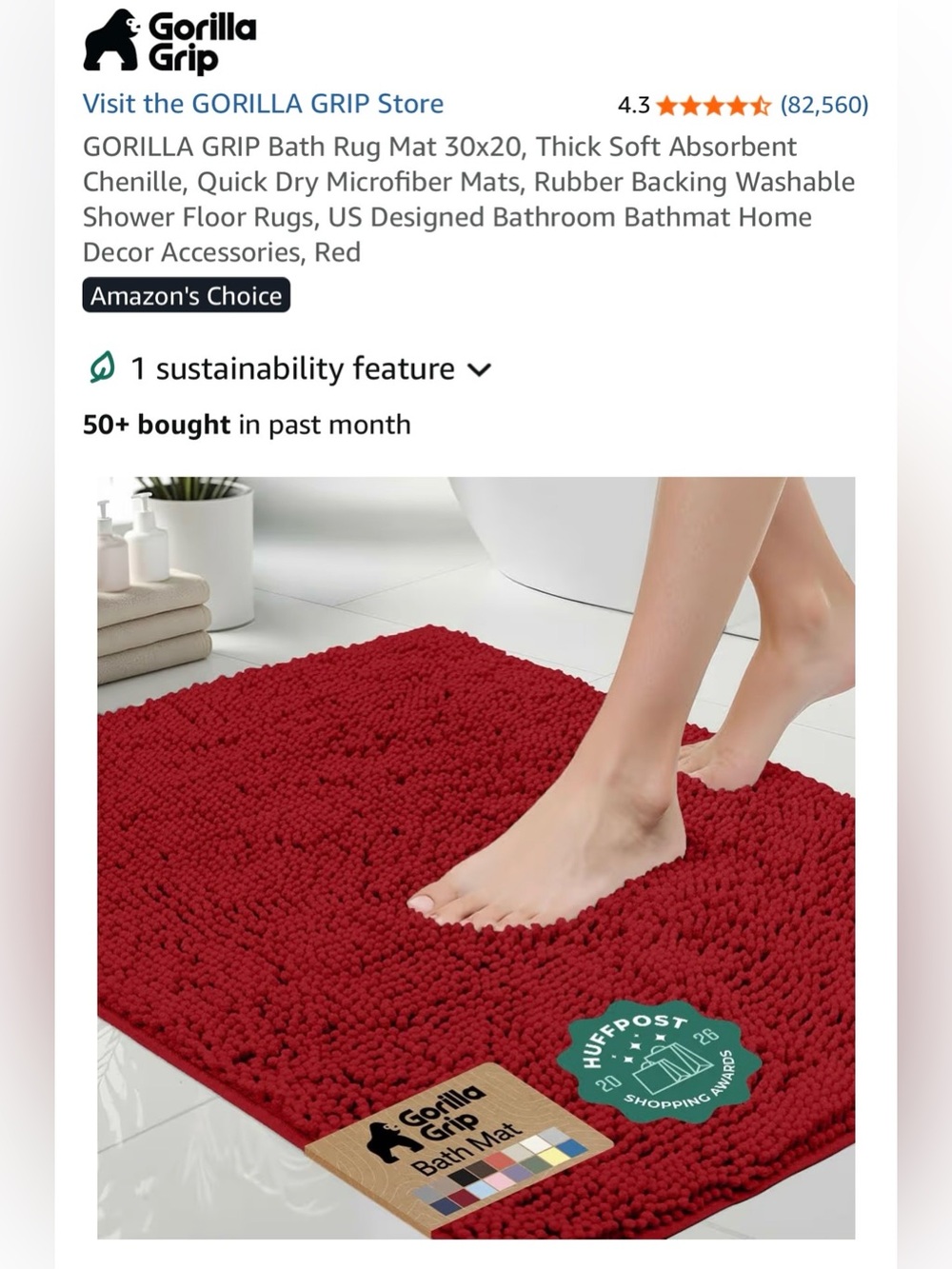 Gorilla Grip Red Chenille Bath Rug - Soft Non-Slip Bath Mat (30x20)